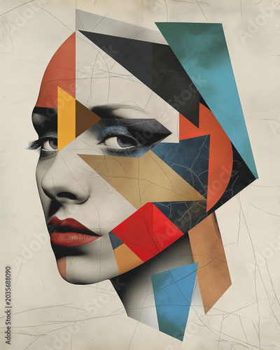 Abstract retro collage portrait of a woman with geometric shapes, vintage cubism art illustration