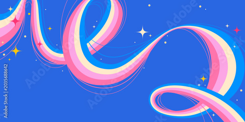 Vibrant Cosmic Swirls with Neon Colors and Stars on Blue Background. Vibrant design with groovy curves and waves. Great for music visuals, modern posters, web and branding
