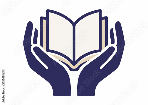 Pair of hands carefully holding open book, black and white vector silhouette