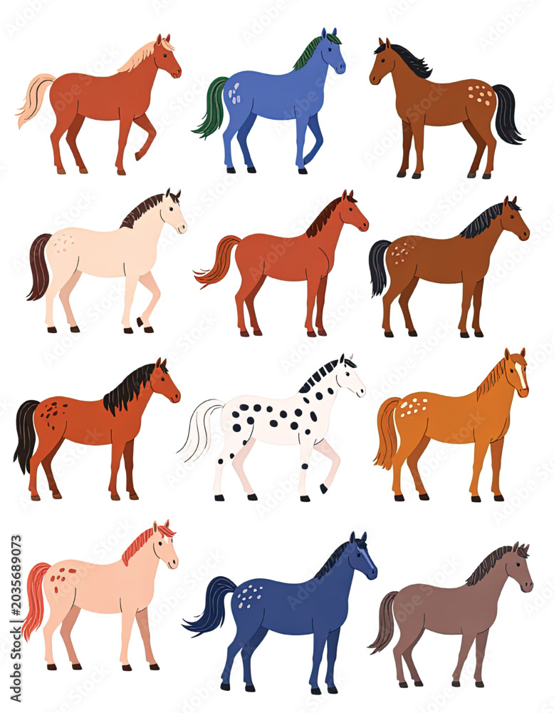 Fototapeta premium Colorful Horses in Various Poses.