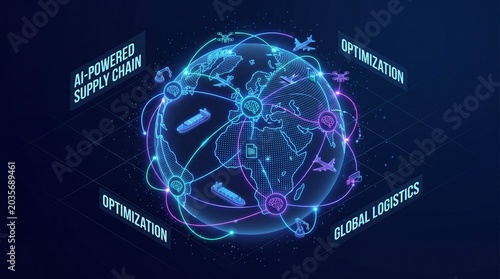 Aipowered supply chain optimization and global logistics concept with neon blue and purple lines on dark background