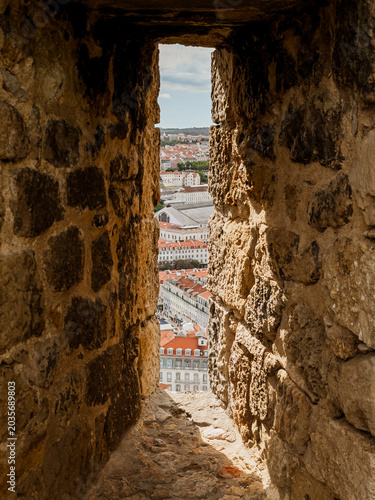Lisbon City View Through Arrow Slit at São Jorge Castle