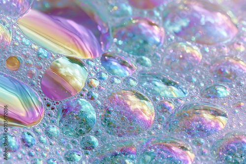 Holographic iridescent soap bubbles with rainbow reflections in pastel colors abstract macro background for creative design and beauty cosmetics