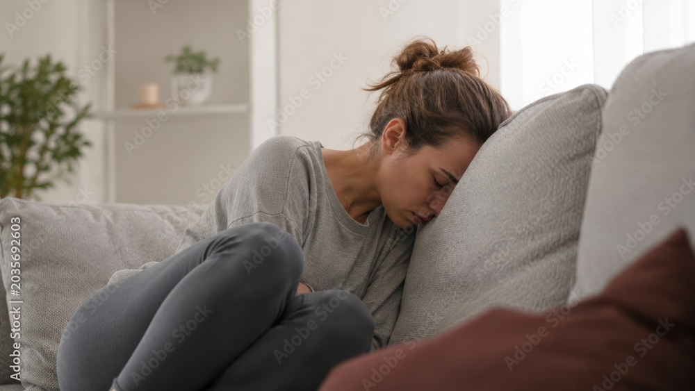 Fototapeta premium Young Woman Suffering from Abdominal Pain Sitting on Sofa at Home