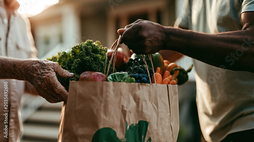 Elderly Couple Exchanging Fresh Groceries: Healthy Food, Sunlit Home, Generational Bonding