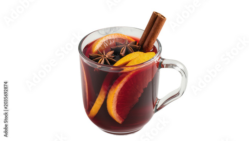 Isolated traditional Christmas mulled wine in a glass mug with citrus and aromatic spices