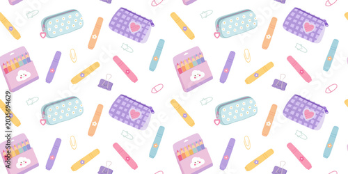фотографія School supplies, colored pens, pencils, books, seamless repeat pattern, playful