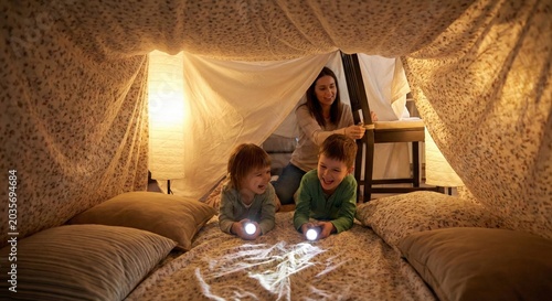 Two happy children and mother playing with flashlights inside cozy homemade blanket fort tent in dark living room.