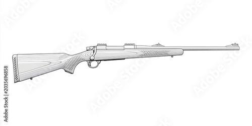 Black and White Line Art: Rifle in Profile, Detailed Patterned Stock, Horizontal Layout