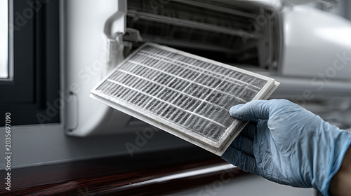 Dirty Air Filter Inspection: Close-up of Gloved Hand Pulling Soiled Filter from Wall-Mounted Air Conditioner
