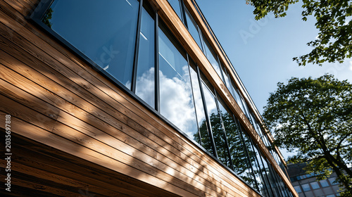Modern wooden building with reflective windows mirroring blue sky, clouds, and greenery, bathed in sunlight.