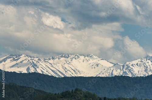 Snow covered mountains.