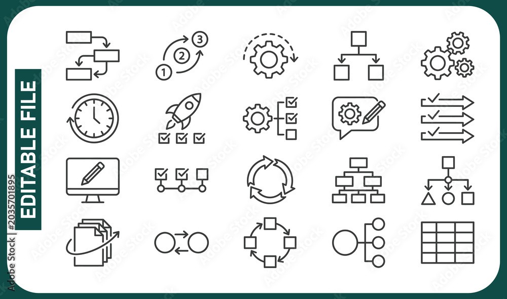 Fototapeta premium Work Process, icon set. Workflow, planning, steps, checklist, gears, organization, strategy, agile, tasks, roadmap, collaboration, structure, productivity, management. Line with editable stroke