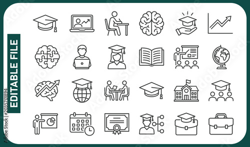 Education and Learning, icon set. Online courses, studying, graduation, books, teachers, classrooms, diploma, university, knowledge, training, skills development, students. Line with editable stroke