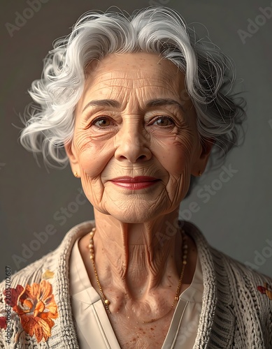Elderly woman with white curly hair.