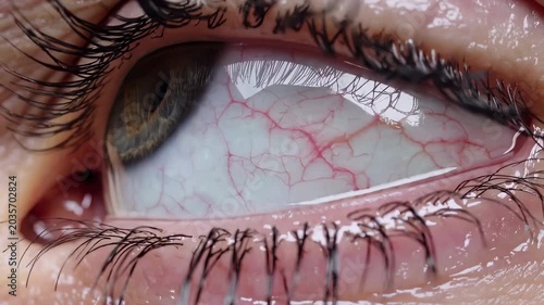Extreme close up of a detailed human blue eye with a dilated pupil, long eyelashes, and red bloodshot veins looking around, blinking, and showing the complexity of the iris and sclera