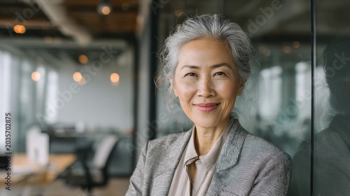 Warm head-and-shoulders portrait of a gray-haired Asian business leader in stylish attire
