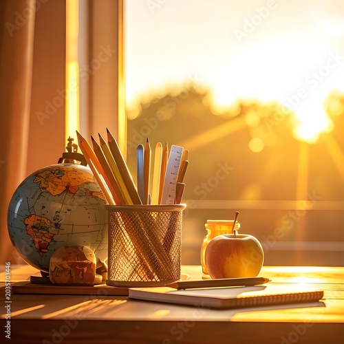 still life with school supplies sunrise.