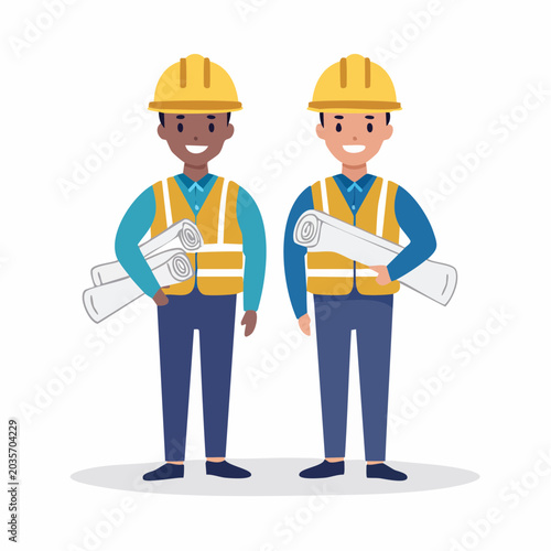 Two construction workers holding blueprints