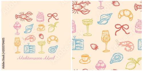 Mediterranean food set and seamless pattern vector background. Hand-drawn colorful seafood, drinks and dessert elements for stylish restaurant menu design. Horizontal print on pastel surface.