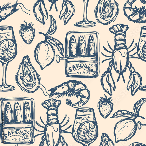 Mediterranean seamless pattern vector hand-drawn ink sketch. Seafood dense surface design with sardine can, lobster, lemon and wine glass. Modern trendy doodle background for fabric textile.