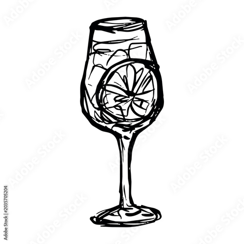 Wine glass vector isolated hand-drawn ink sketch. Cocktail line art illustration with lemon slice and ice. Stylish modern doodle engraving graphic for restaurant menu design.
