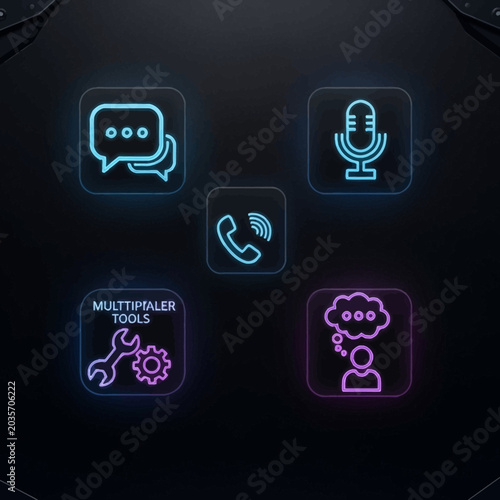 Neon icons of communication tools and multifarious gadgets displayed