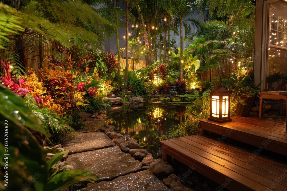 Obraz premium Warm Night Lighting in a Tropical Garden Featuring Diverse Plants and a Stone Path