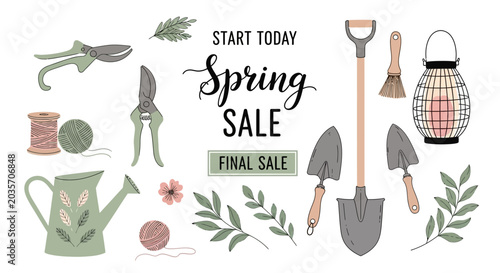 Fényképezés A collection of hand drawn gardening tools and botanical elements for a spring sale advertisement