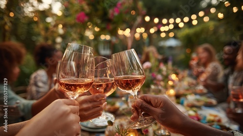 People clinking wine glasses together at an outdoor dinner party with string lights