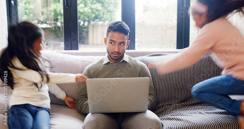 Canvastavla Dad, laptop and kids playing with distraction for remote work, annoyed and children with adhd
