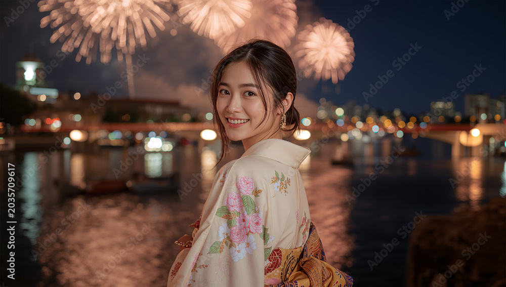 Obraz premium 夜の花火大会で笑顔を見せる浴衣姿の日本人女性