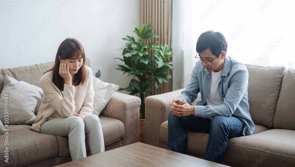 Obraz premium リビングのソファで日本人カップルが距離を置いて悩む写真