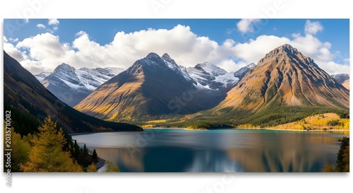 Canada day mountain lake panorama with snow capped peaks and autumn foliage