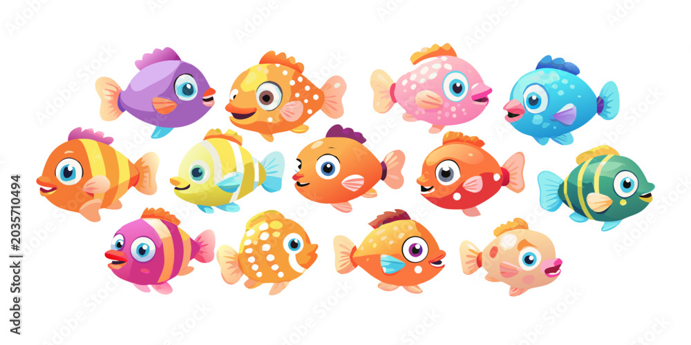 Fototapeta premium Colorful cartoon tropical fish characters set, vector