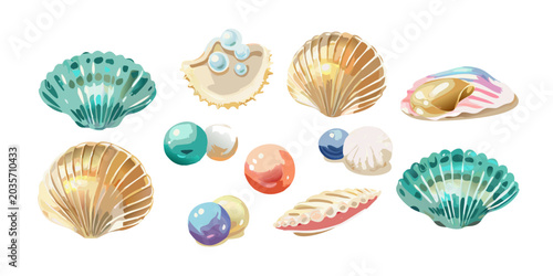Assorted colorful sea shells and pearls set, vector
