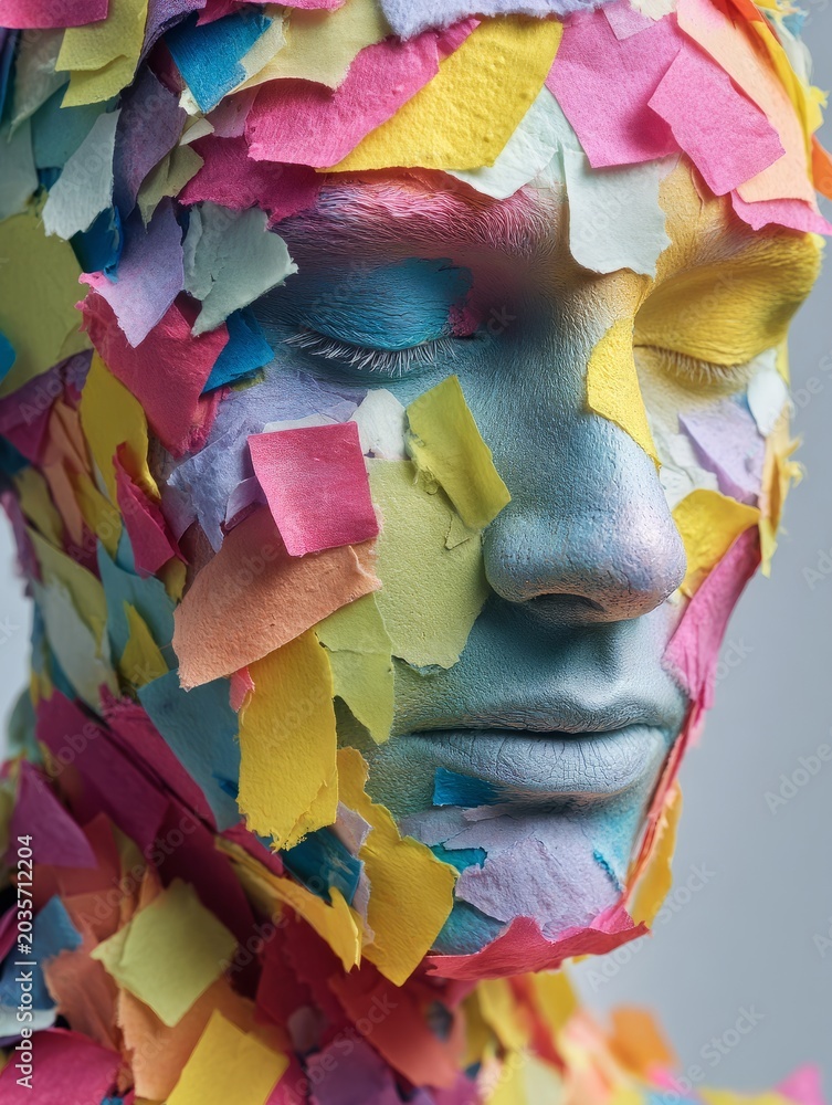 Fototapeta premium This image shows a human head and upper torso sculpted or covered entirely in layers of colorful paper pieces,