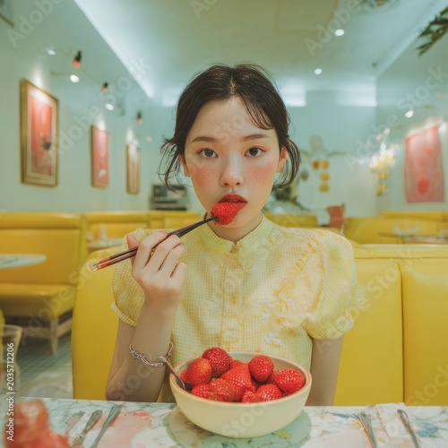 Ultra modern Chinese girl eating strawberries with chopstick in pastel pink restaurant