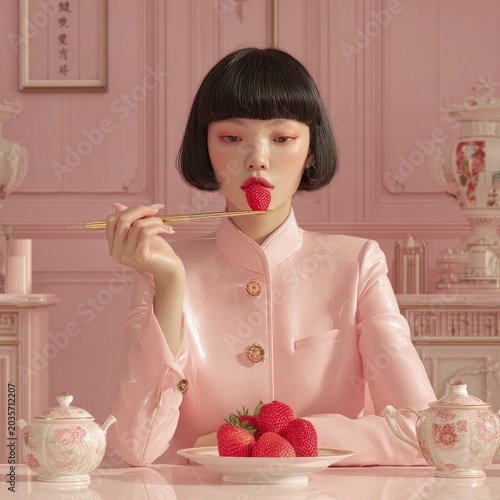 Ultra modern Chinese girl eating strawberries with chopstick in pastel pink restaurant