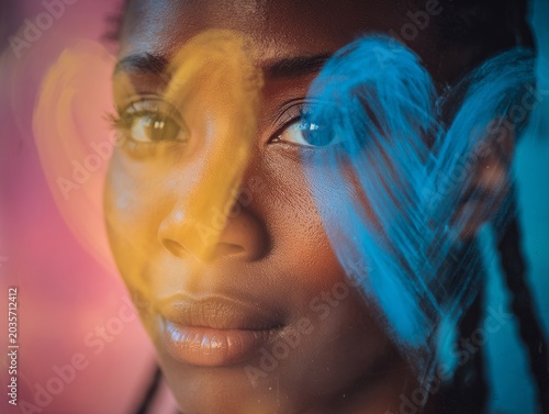 Woman smiling and looking at the camera through the transparent glass with heart drasw on it