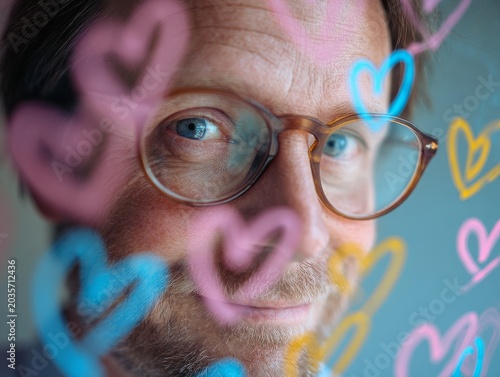 Man looking at the camera through the transparent glass with hearts drawn on the lens