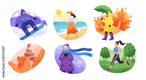 Foto A collection of diverse people engaging in various seasonal activities and outdoor hobbies