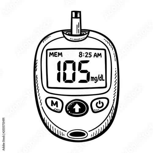 Glucometer icon showing 105 mg/dL blood sugar level. Sketch representing diabetes control, health monitoring and medical testing