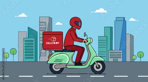 Photos Delivery person on scooter with package in city, urban delivery illustration