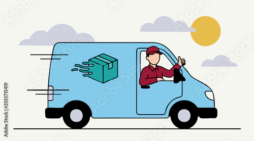 Photos Delivery van with driver giving thumbs up, express shipping concept illustration