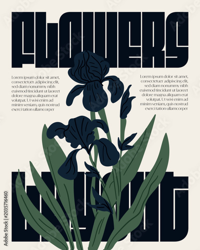 Dark blue iris flower poster with bold modern typography layout