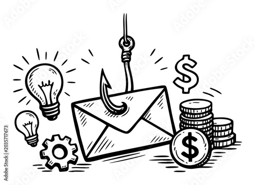 Phishing scam email with a fishing hook luring an envelope, symbolizing cyber fraud, data theft, and financial risk