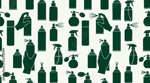 Canvas Print Seamless pattern of dark green spray bottles and cans on a white background