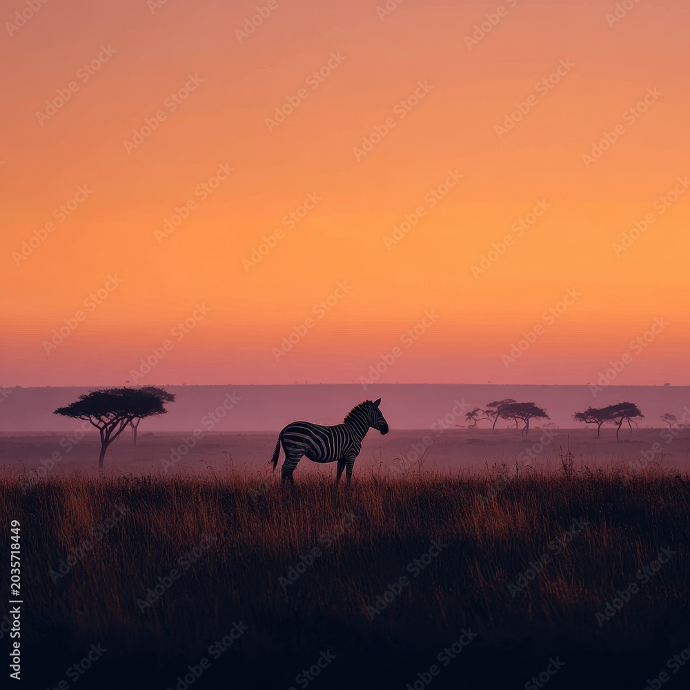 Obraz premium Quiet savanna scene featuring a bold zebra silhouette at golden hour