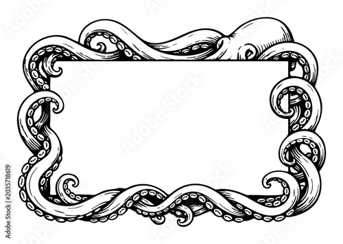 Octopus tentacles creating a decorative border or frame, drawing a vintage style kraken or mythological sea monster animal
